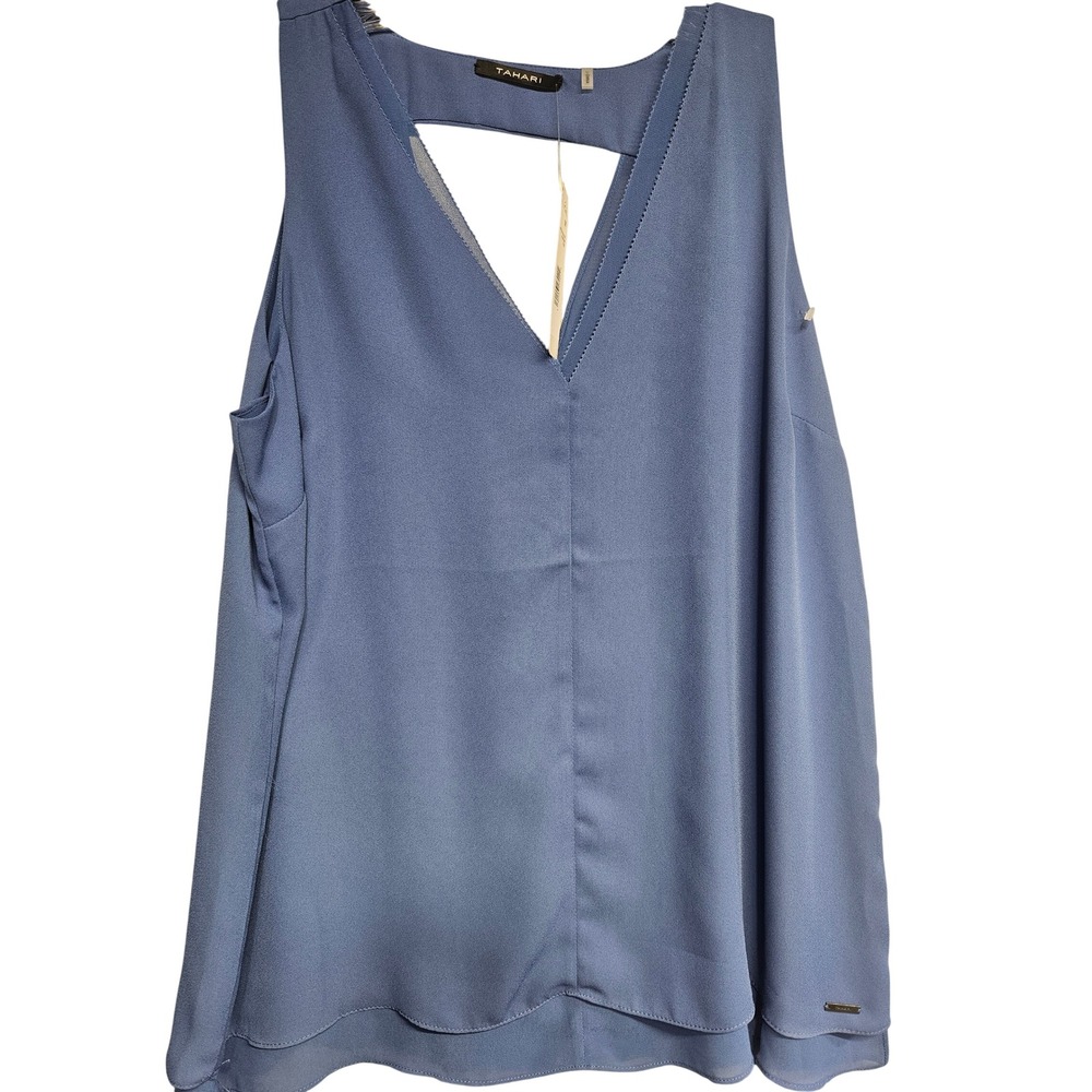 Tahari Jameson Blouse woman's Blue Sleeveless V-Neck Cutout Back Top M389D598 M